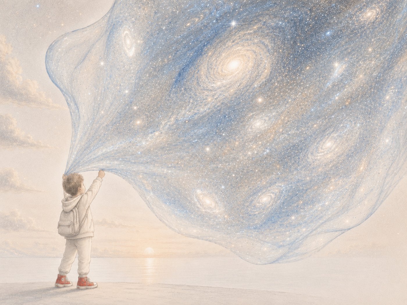 Un bambino stende il mantello di Takaró, un cielo di galassie sopra il mare